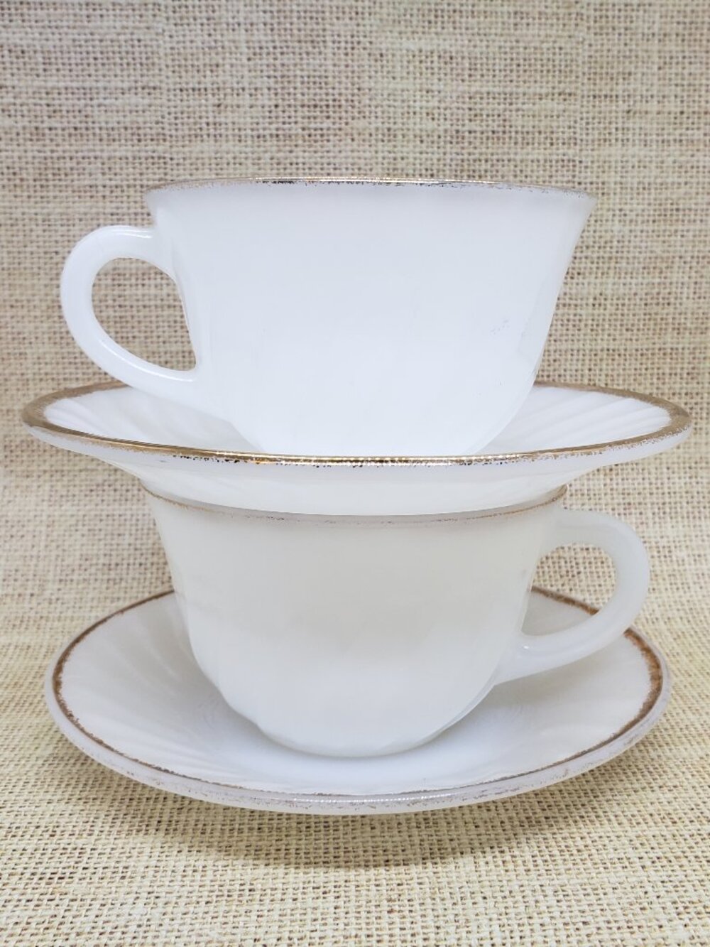 2 Fire King Anniversary Set Tea Cups w Saucers Vintage Swirl Milk Glass Gold Rim